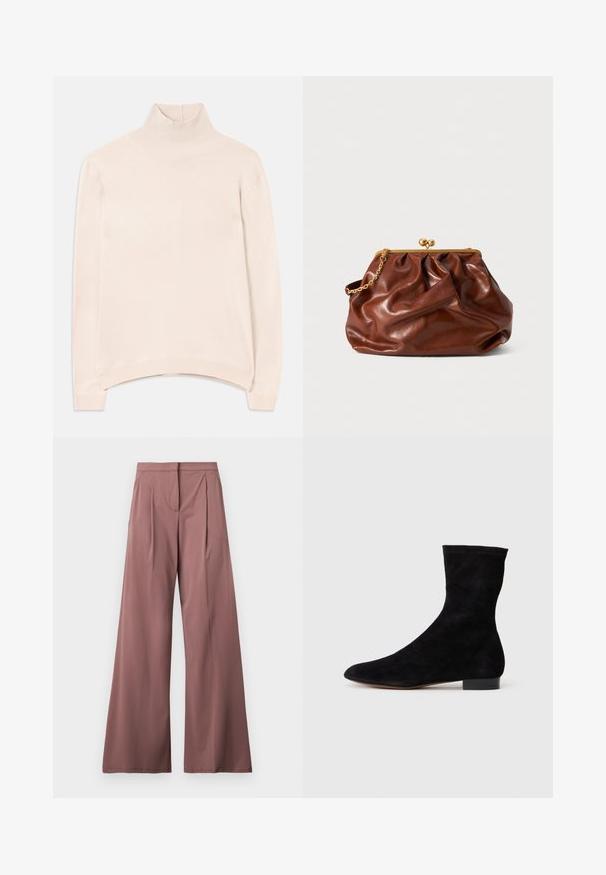 Šviesiai rožinis ilgomis rankovėmis turtlenekas su grioveliu apykakle ir apačia, pasižymintis laisvu siluetu ir švelniu, lygia tekstūra.; Platus kojinės rožinės spalvos, pagamintos iš lygios medžiagos su priekinėmis raukšlėmis ir viena šonine kišene. Paprastas, elegantiškas dizainas.; Juoda zomšo kulkšnė su prigludusia ašimi, smailiu pirštu ir žemu bloku. Lygus paviršius ir minimalistiškas dizainas, tinkantis įvairiems stiliams.; Ruda odinė delninė su auksiniu užsegimu ir trumpu auksiniu grandininiu rankena, pasižyminti minkšta, susiraukšlėjusia tekstūra ant balto fono.