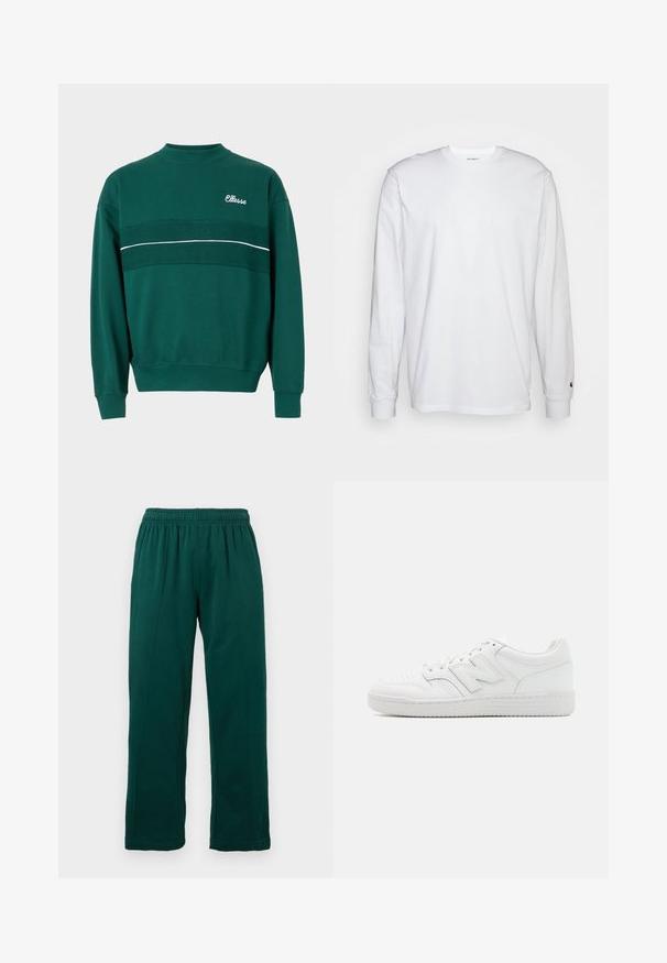 Green crewneck sweatshirt with ribbed cuffs and hem, featuring a textured horizontal stripe and "Ellesse" logo on the upper left chest.; White long-sleeved T-shirt made of cotton. Crew neck design with ribbed cuffs and a small logo on the left sleeve. Smooth texture.; Dark green fleece pants with elastic waistband, straight legs, and visible seam details along the front, shown against a white background.; White sneaker made of smooth leather, featuring perforated toe, a textured rubber sole, flat laces, and a prominent 'N' logo on the side.