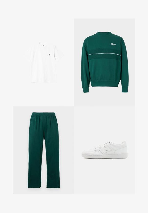 Groene crewneck sweatshirt met ribgebreide manchetten en zoom, met een gestructureerde horizontale streep en het "Ellesse"-logo op de linkerbovenborst.; Witte katoenen T-shirt met korte mouwen, ronde hals en een klein zwart logo op de linkerborst. Zachte textuur en standaard pasvorm.; Donkergroene fleece broek met elastische tailleband, rechte pijpen en zichtbare naaddetails aan de voorkant, afgebeeld tegen een witte achtergrond.; Witte sneaker van glad leer, met geperforeerde neus, een gestructureerde rubberen zool, platte veters en een prominente 'N' logo aan de zijkant.