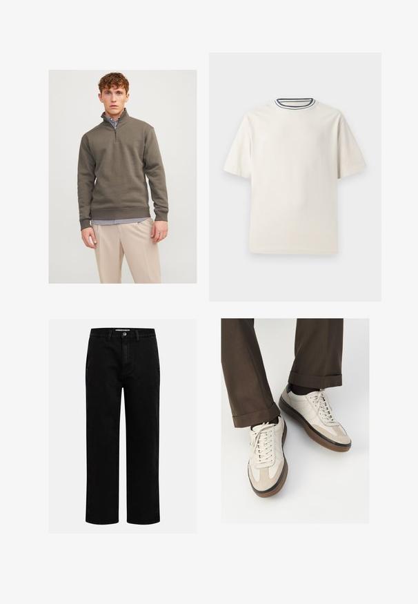 Sweatshirt de meia abertura em verde escuro, feito de material suave, com mangas longas e punhos canelados, sobre uma camisa às riscas e calças claras.; T-shirt de algodão em cor creme com mangas curtas, apresentando um decote redondo realçado por listras em azul-marinho e branco. Textura suave, corte descontraído.; Calças de ganga pretas com corte reto, design clássico de cinco bolsos e fecho de botão na cintura. Textura suave e tecido durável.; Tênis bege com frente em camurça texturizada, lados em couro liso e sola em borracha marrom. Inclui cadarços e detalhes de costura clara.