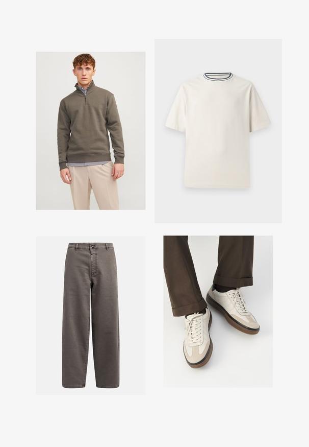 Tmavozelený sveter s polo zipsom vyrobený z mäkkého materiálu, s dlhými rukávmi a rebrovanými manžetami, položený na pásikovanej košeli a svetlých nohaviciach.; Krémové bavlnené tričko s krátkymi rukávmi, s okrúhlym výstrihom doplneným námorníckymi a bielymi pruhmi. Hladká textúra, voľný strih.; Sivé široké nohavice vyrobené z bavlneného zmesi; majú gombíkový zapínanie, pútka na opasok a predné vrecká; hladká, odolná textura.; Béžové tenisky s textúrovanou zamšovou prednou časťou, hladkými koženými bočnými stranami a hnusou gumovou podrážkou. Obsahujú šnúrky a svetlé stehy ako detail.