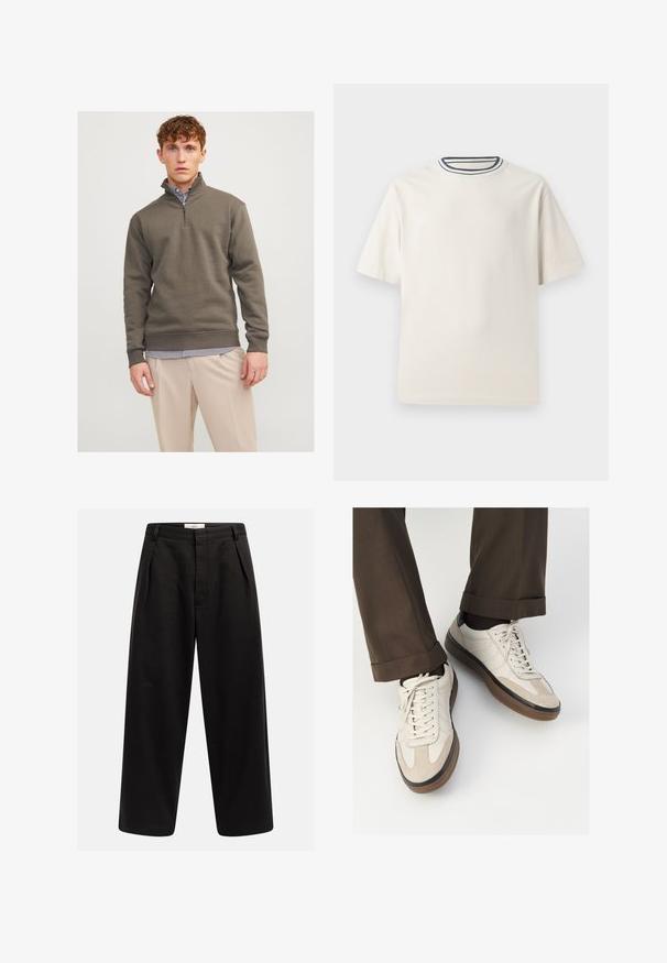 Felpa a mezza zip di un verde scuro, realizzata in un materiale morbido, con maniche lunghe e polsini a costine, indossata sopra una camicia a righe e dei pantaloni chiari.; T-shirt in cotone color crema con maniche corte, caratterizzato da un collo rotondo decorato da righe blu navy e bianche. Tessuto liscio, vestibilità comoda.; Pantaloni neri a gamba larga con pieghe frontali, passanti per cintura e chiusura nascosta, etichettati "Rebel" sulla vita.; Sneakers beige con una parte anteriore in suede testurizzato, lati in pelle liscia e una suola in gomma marrone. Inclusi lacci e dettagli di cucitura leggera.