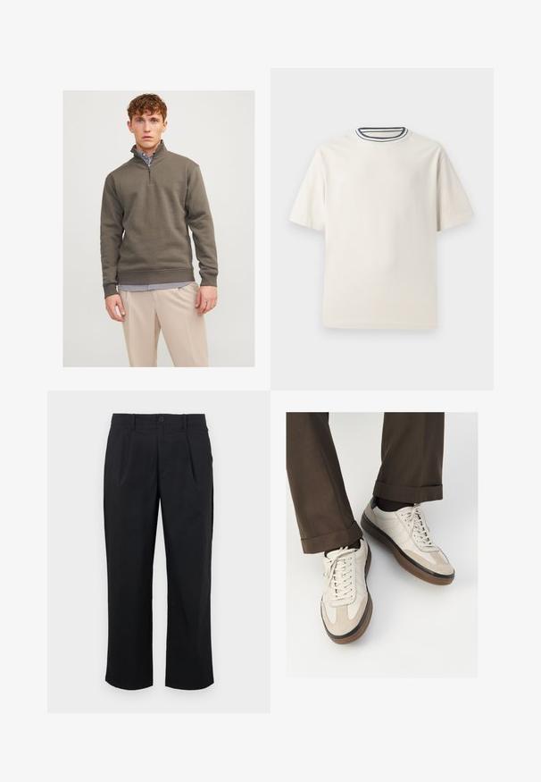 Tume roheline veerand-suuruses tõmblukuga sviiter, mis on valmistatud pehmest materjalist, pikkade varrukatega ja ribadega mansettidega, kihtide kaupa triibulise särgi ja heledate pükste peal.; Kreemivärvi puuvillane T-särk lühikeste varrukatega, ümmarguse kaeluse ja mereteemalise sinise ja valge triibuga. Sile tekstuur, mugav lõike.; Mustad sirgedega mustad püksid, millel on sirge lõige, ees pleatid, nupuga kinnitamine ja sile kangatekstuur.; Bežid spordijalised, millel on tekstuuriga suede esiosa, siledast nahast küljed ja pruun kummitald. Lisatud on paelad ja heledad õmbluse detailid.