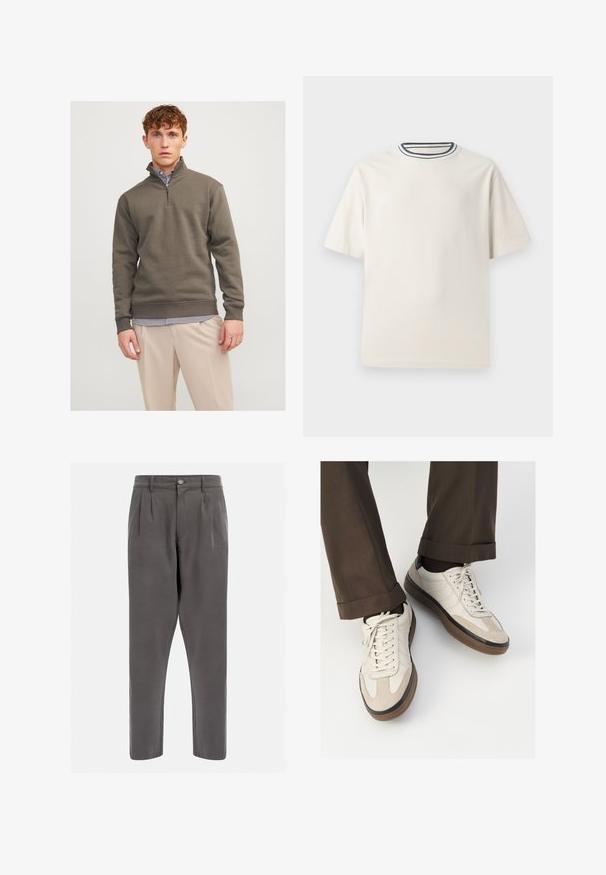 Mørkegrøn sweatshirt med lynlås op til kvart, lavet af blødt materiale, med lange ærmer og ribbede manchetter, lagt over en stribet skjorte og lyse bukser.; Cremefarvet bomulds t-shirt med korte ærmer, der har en rund halsåbning accentueret med marineblå og hvide striber. Glat tekstur, afslappet pasform.; Grå plisserede bukser lavet af glat stof, med knaplukning og tapered ben for en strømlinet pasform. Ingen yderligere mønstre eller accenter.; Beige sneakers med en struktureret ruskind front, glatte lædersider og en brun gummisål. Snørebånd og let stikning er inkluderet.