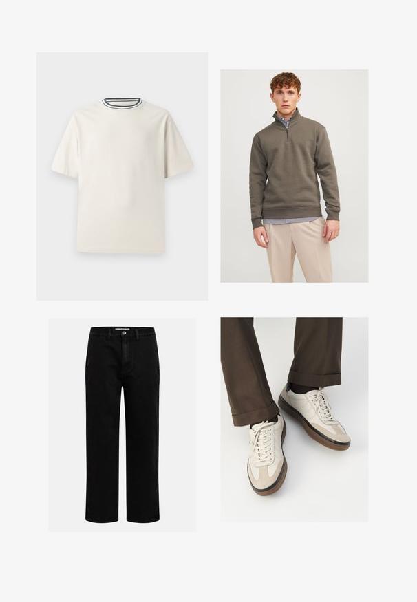 Sweatshirt de meia abertura em verde escuro, feito de material suave, com mangas longas e punhos canelados, sobre uma camisa às riscas e calças claras.; T-shirt de algodão em cor creme com mangas curtas, apresentando um decote redondo realçado por listras em azul-marinho e branco. Textura suave, corte descontraído.; Calças de ganga pretas com corte reto, design clássico de cinco bolsos e fecho de botão na cintura. Textura suave e tecido durável.; Tênis bege com frente em camurça texturizada, lados em couro liso e sola em borracha marrom. Inclui cadarços e detalhes de costura clara.