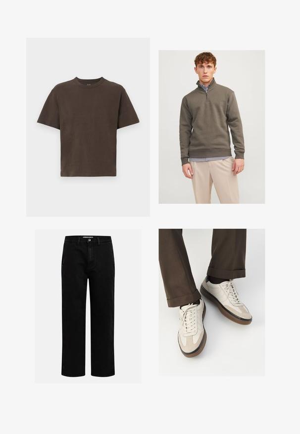 Felpa a mezza zip di un verde scuro, realizzata in un materiale morbido, con maniche lunghe e polsini a costine, indossata sopra una camicia a righe e dei pantaloni chiari.; T-shirt in cotone marrone con maniche corte e scollatura rotonda. Texture liscia, design minimalista, senza fantasie o dettagli aggiuntivi.; Pantaloni in denim nero con taglio dritto, design classico a cinque tasche e chiusura con bottone in vita. Tessuto liscio e materiale resistente.; Sneakers beige con una parte anteriore in suede testurizzato, lati in pelle liscia e una suola in gomma marrone. Inclusi lacci e dettagli di cucitura leggera.