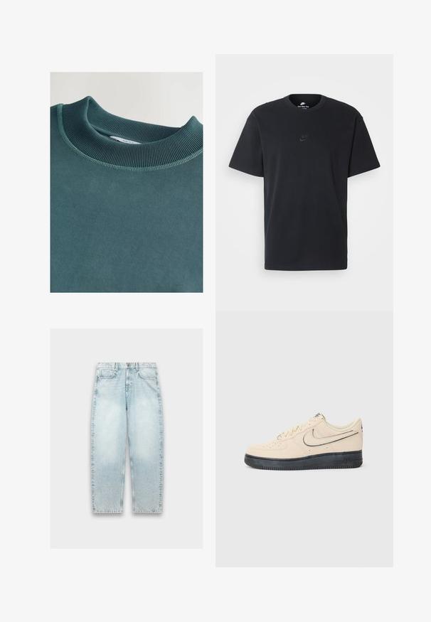 Turkizna majica s dugim rukavima s rebrastim izrezom i teksturiranom tkaninom. Ima ravne šavne i oznaku unutar ovratnika.; Nike črna bombažna majica z klasičnim okroglim izrezom, kratkimi rokavi in subtilnim, vtisnjenim logotipom na prsih. Gladka tekstura.; Svetlo modri traper hlače z ohlapnim krojem, ravnimi nogami, zbledelim videzom, petimi žepi in kovinsko zadrgo na pasu.; Bež zamšaste Nike Air Force 1 superge z črnim gumijastim podplatom, šivi, perforirano prstno področje in izrazit Swoosh logotip.