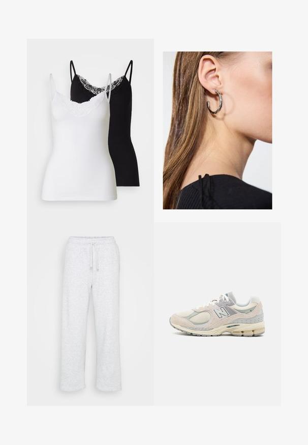 Lichtgrijze, lange mouwen cropped sweatshirt met ribgebreide manchetten en hoge ronde hals, weergegeven op een effen lichte achtergrond.; Twee camisole tops in wit en zwart. Beide hebben dunne bandjes en een decoratieve kanten halslijn. Gemaakt van zachte, rekbare stof.; Lichtgrijze katoenen trainingsbroeken met een elastische tailleband en een trekkoord, rechte pijpen, zonder zichtbare logo's of patronen.; Lichtgrijze en tan New Balance sneaker van suède en mesh materiaal, met een gevoerde kraag, dikke zool en reflecterende accenten. Vetersluiting.; Zilveren oorbel met een gepolijste afwerking, met kleine gouden accentdetails en een ronde vorm, gedragen op de oorlel.