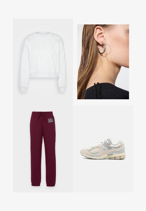 Light grey, long-sleeve cropped sweatshirt with ribbed cuffs and high crew neckline, displayed on a plain light background.; Gap Tall HERITAGE JOGGER - Tracksuit bottoms - ruby wine; Light gray and tan New Balance sneaker with suede and mesh material, padded collar, thick sole, and reflective accents. Laced design.; Silver hoop earring with a polished finish, featuring small gold accent details and a round shape, worn on the lobe.