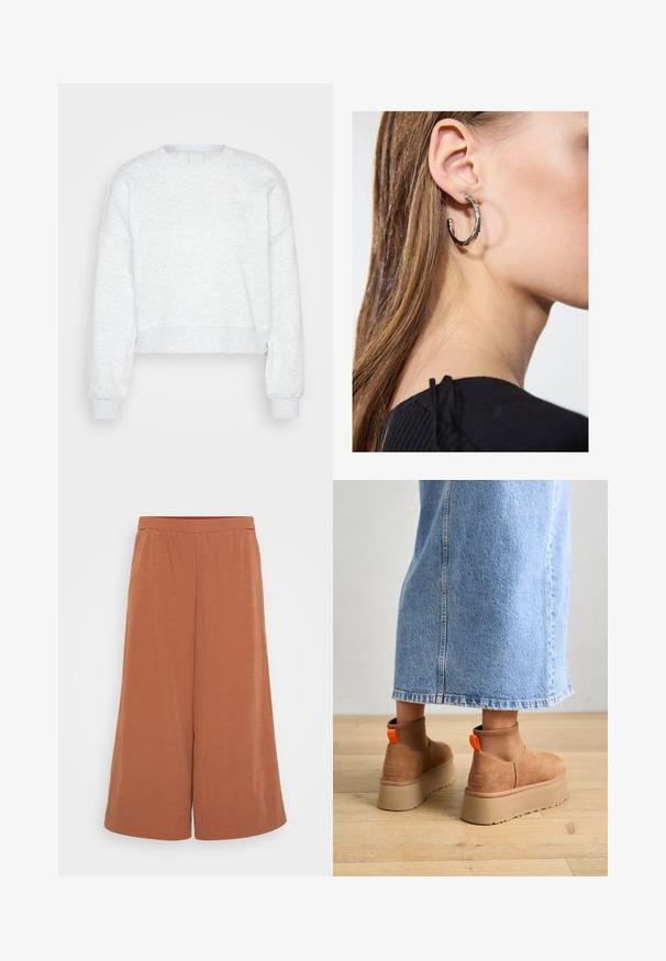 Jasnoszary, długi rękaw, skrócony sweatshirt z prążkowanymi mankietami i wysokim okrągłym dekoltem, zaprezentowany na jednolitym jasnym tle.; Rdzawoczerwone kuloty wykonane z lekkiego, marszczonego materiału. Posiadają elastyczny pasek w talii i szerokie, swobodnie opadające nogawki. Gładka tekstura na całej powierzchni.; Brązowe zamszowe buty na platformie z elastycznymi bokami i pomarańczowymi uchwytami, w połączeniu z jasnoniebieską spódnicą do kolan na drewnianej podłodze.; Srebrny kolczyk w kształcie koła z polerowanym wykończeniem, z małymi złotymi akcentami, noszony na płatku ucha.