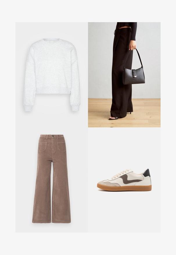 Light grey, long-sleeve cropped sweatshirt with ribbed cuffs and high crew neckline, displayed on a plain light background.; Brown corduroy wide-leg trousers with a high waist, featuring a button closure, two back pockets, and vertical ribbed texture.; Sneakers featuring a cream leather upper with a dark brown suede accent, beige laces, and a gum rubber sole; classic low-profile design.; Black handbag with structured shape, smooth texture, and a metallic clasp. Paired with wide black pants and open-toe sandals on wooden floor.; Silver hoop earring with a polished finish, featuring small gold accent details and a round shape, worn on the lobe.