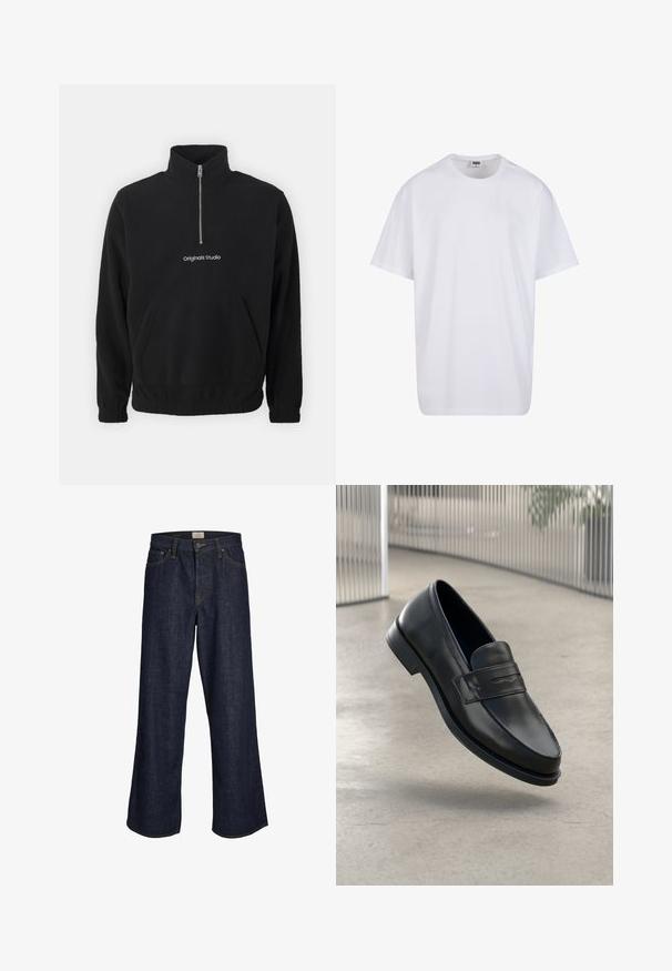 Must mustri pullover kõrge kaelusega ja poole tõmblukuga. Ees on kengurukott ja tikandiga "Originals Studio" logo.; Valge puuvillane t-särk lühikeste varrukatega, ümmarguse kaelusega, lõdva lõikega ja ilma nähtavate logodeta või mustriteta. Sile tekstuur ja minimaalne disain.; Tumed sinised laiad teksad, mis on valmistatud denimist, sisaldavad ees lukku, viit taskut ja kontrastset õmblust. Lõpud on töötlemata äärega.; Mustast nahast mokassiin, sileda tekstuuri, terava ninaga ja kaunistava paelaga kanna peal. Kerge tallaga, minimalistlik disain.