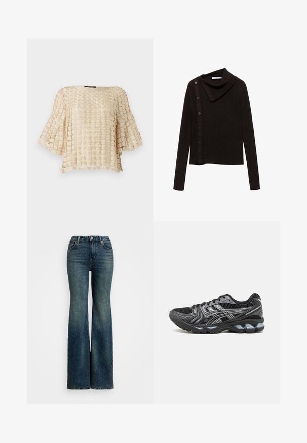 Bruin gebreid sweater met een colprofessioneel ontwerp, voorzien van een zijknopen sluiting en lange mouwen. De stof lijkt zacht en textuurwaardig.; Beige blouse met een textuurpatroon van bloemen, met brede mouwen en een ronde halslijn. Gemaakt van lichtgewicht, geborduurde stof.; Flared blauwe denim jeans met een hoge taille, voorzien van vijf zakken en stiksels als accent. De stof heeft een klassieke vervaagde textuur.; Zwarte sportschoen met een bovenwerk van mesh, zilveren accenten en een gevoerde zool. Beschikt over een vetersluiting en een gestructureerde loopzool voor grip.