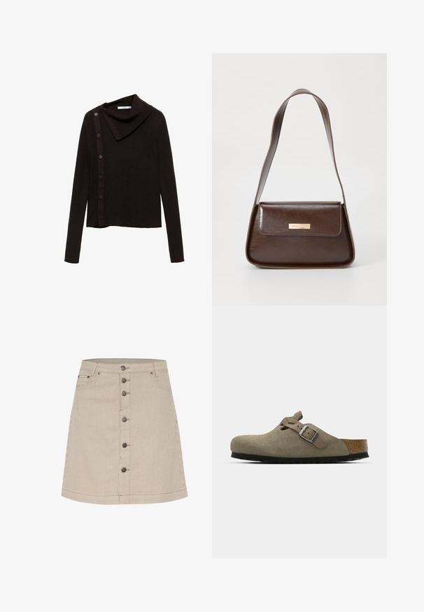 Smeđi pleteni pulover s dizajnom s kapuljačom, s bočnim zatvaranjem na dugme i dugim rukavima. Tkanina izgleda meko i teksturirano.; Bežani prugasti traper suknja s lepršavim oblikom, koja ima prednje dugme, dva bočna džepa i suptilne detalje šivanja.; Svetlosmeđe suede klompe s oblikovanim plitkim i gumenim đonom. Imaju bočnu traku s metalnom kopčom i zaobljenim prstima.; Smeđa kožna torba za rame sa strukturiranim oblikom, koja ima magnetsko zatvaranje na preklopu i metalni logo akcent na prednjoj strani.