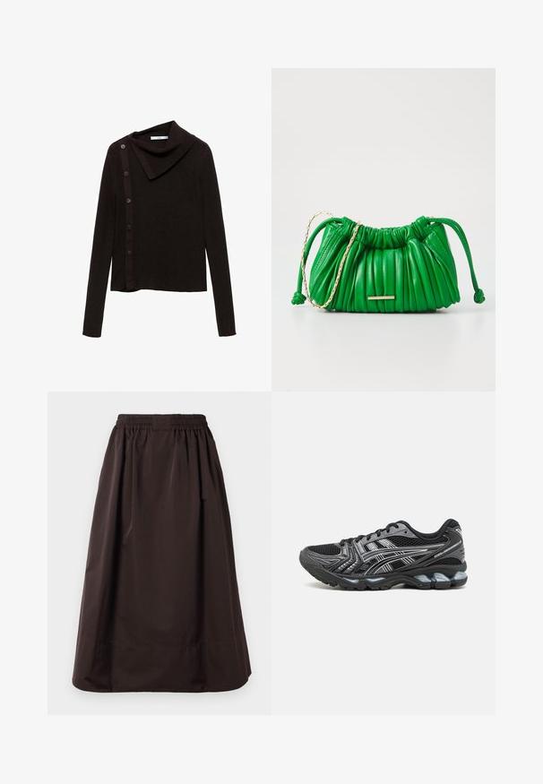 Maglione marrone lavorato a maglia con un design a collo alto, caratterizzato da una chiusura laterale con bottoni e maniche lunghe. Il tessuto appare morbido e texturizzato.; Gonna midi marrone con vita elasticizzata e ampio dettaglio dell'orlo, realizzata in tessuto liscio con sottili pieghe sotto la vita.; Scarpa sportiva nera con tomaia in mesh, dettagli argento e suola ammortizzata. Presenta un design con lacci e una suola testurizzata per una buona aderenza.; Borsa in pelle verde con texture arricciata, dettaglio in catena dorata e chiusura a coulisse. Presenta un accento hardware minimalista in oro.