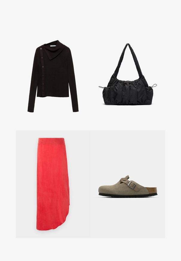 Maglione marrone lavorato a maglia con un design a collo alto, caratterizzato da una chiusura laterale con bottoni e maniche lunghe. Il tessuto appare morbido e texturizzato.; Gonna rossa alla caviglia in un tessuto liscio e leggero. Presenta un orlo curvo e un colore uniforme senza motivi o decorazioni visibili.; Zoccoli in suede di un verde oliva chiaro con una soletta in sughero e gomma sagomata. Presentano una cinghia laterale con fibbia metallica e una punta arrotondata.; Borsa a tracolla in tessuto nero con texture arricciata, due manici e chiusura a coulisse sui lati. Materiale liscio e leggero.