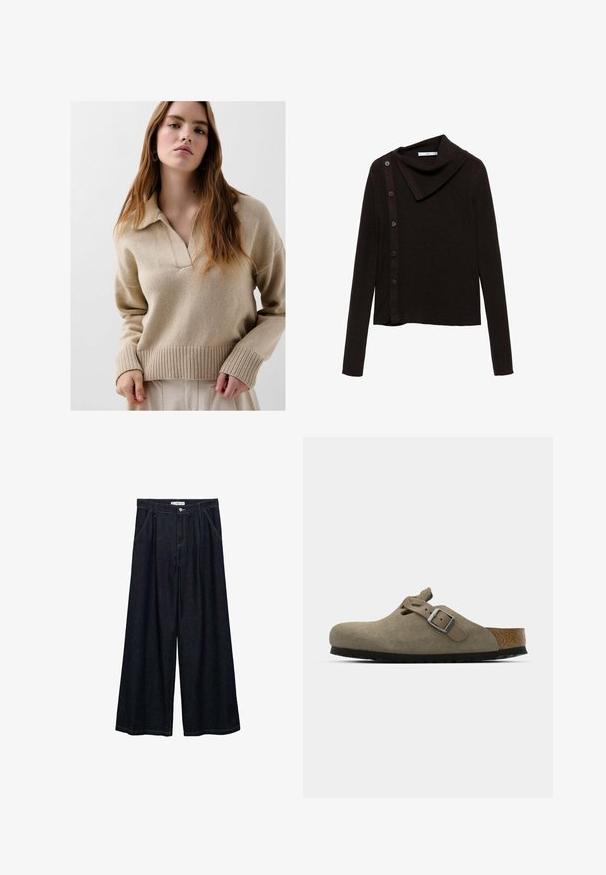 Brun strikket sweater med en cowl neck-design, der har en sidelukning med knapper og lange ærmer. Stoffet virker blødt og tekstureret.; Beige strikpullover med krave, ribbede manchetter og kant. Blød tekstur og afslappet pasform. Modellen står foran en neutral baggrund.; Mørk denim bredbenede bukser med høj talje, der har en frontlukning med knap, to sidelommer og syningsdetaljer.; Suede træsko i lys olivengrøn med en formet kork- og gummisål. Har en side rem med en metal spænde og en rund tå.