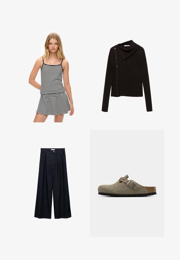 Brauner Strickpullover mit einem Kragen-Design, ausgestattet mit einem seitlichen Knopfverschluss und langen Ärmeln. Der Stoff wirkt weich und strukturiert.; Gestreiftes Tankkleid in Marineblau und Creme, mit dünnen Trägern und einem schwingenden Rock. Weiches Baumwollmaterial mit einer geschmeidigen Silhouette.; Dunkelblaue, weite High-Waist-Hosen aus Denim mit einem Knopfverschluss vorne, zwei Seitentaschen und Nähdetails.; Wildleder-Clogs in hellolivgrün mit einer geformten Kork- und Gummisohle. Verfügt über einen Seitenriemen mit einer metallischen Schnalle und einer abgerundeten Zehenpartie.