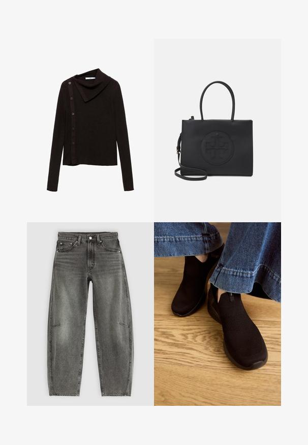 Brązowy sweter dzianinowy z dekoltem w kształcie komina, z bocznym zapięciem na guziki i długimi rękawami. Tkanina wydaje się miękka i teksturowana.; Jeansy z wysokim stanem w szarym, przecieranym deninie z pięcioma kieszeniami, zapięciem na guzik i luźnym prostym krojem.; Czarne buty wsuwane z teksturowaną dzianiną wierzchnią i elastycznym otwarciem. Zaokrąglony kształt palców i niskoprofilowa, wyprofilowana podeszwa, noszone z dżinsowym dołem.; Czarna torebka wykonana z gładkiego materiału z podwójnymi uchwytami, odpinanym paskiem na ramię i okrągłym wytłoczonym logo na przodzie.