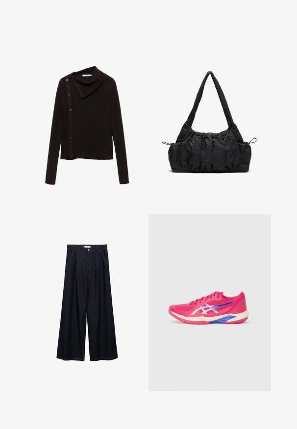Smeđi pleteni pulover s dizajnom s kapuljačom, s bočnim zatvaranjem na dugme i dugim rukavima. Tkanina izgleda meko i teksturirano.; Tamno plave široke traperice visokog struka, koje imaju prednje kopčanje na dugme, dva bočna džepa i detalje šivanja.; Sportske tenisice u svijetlo ružičastoj boji s svjetlijim naglascima. Mrežasti gornji dio, teksturirana površina, podstavljeni ovratnik i šarena potplat s plavim detaljima.; Crna torba od tkanine s naboranom teksturom, dva remena za nositi na ramenu i kaišem za zatvaranje sa strane. Glatki, lagani materijal.
