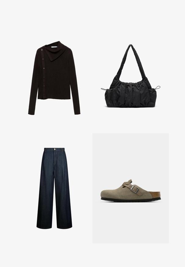 Rjav pleten pulover z zasnovo okroglega ovratnika, ki ima stransko zapenjanje z gumbi in dolge rokave. Tkanina se zdi mehka in teksturirana.; Wide-leg kavbojke iz temno modrega denima, z visokim pasom, vidnim šivanjem in zapiranjem na gumb spredaj. Minimalističen dizajn.; Semišni klobuki v svetlo olivno zeleni barvi z oblikovanim plutovim in gumijastim podplatom. Vključuje stransko zanko z kovinsko zaponko in zaobljenim nosom.; Črna tkanina torbica z nabranim teksturo, dvema naramnicama in zategovanjem na straneh. Gladek, lahkoten material.