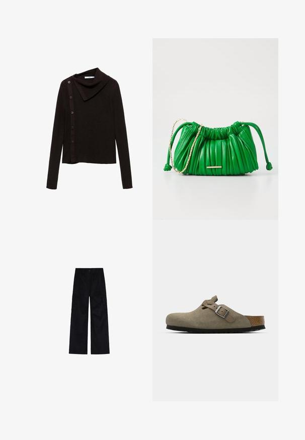 Hnědý pletený svetr s designem s rolákem, představující boční zapínání na knoflíky a dlouhé rukávy. Látka vypadá měkká a strukturální.; Černé široké cargo kalhoty vyrobené z odolné tkaniny, s dvěma velkými bočními kapsami, zapínáním na knoflík a rovný, uvolněný střih.; Semišové dřeváky ve světle olivové barvě s vytvarovanou korkovou a gumovou podrážkou. Obsahují boční pásek s kovovou sponou a zaoblenou špičku.; Zelená kožená kabelka s nařasenou texturou, zlatým řetízkovým detail, a stahovací šňůrkou. Obsahuje minimalistický zlatý kovový prvek.