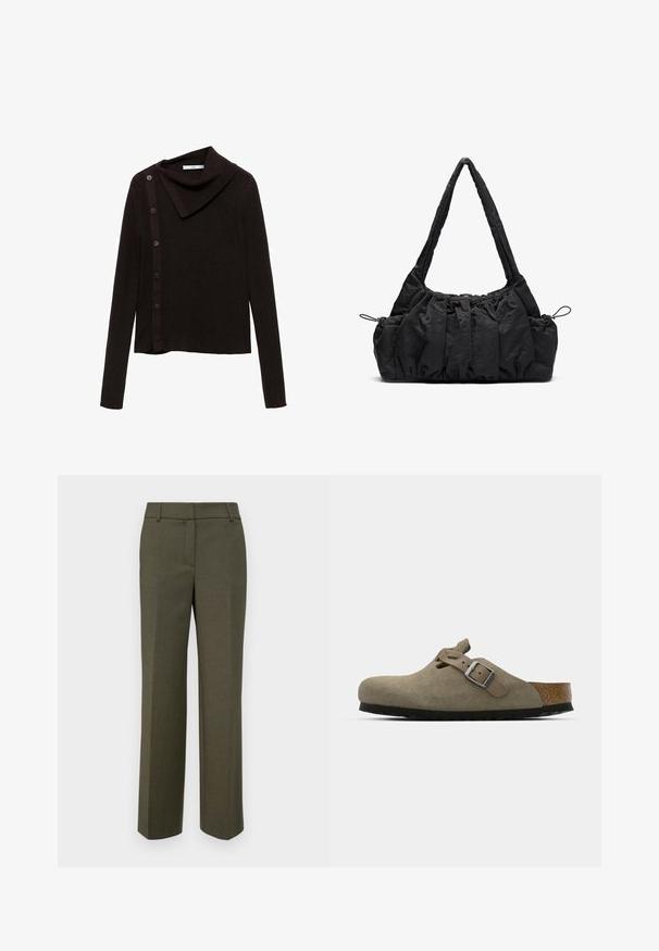 Hnedý pletený sveter s dizajnom kapucne, so zapínaním na bočné gombíky a dlhými rukávmi. Tkanina vyzerá mäkko a textúrne.; Olivovo zelené klasické nohavice vyrobené z textúrovaného látky. Majú rovný strih s plochým predným dielom a bez viditeľných ozdôb.; Semšové dreváky v svetlej olivovej farbe s tvarovanou korkovo-gumenou podrážkou. Obsahujú bočný remienok s kovovou prackou a zaoblenú špičku.; Čierna textilná taška so zhrnutou textúrou, dvoma ramennými popruhmi a sťahovacím uzáverom na stranách. Hladký, ľahký materiál.