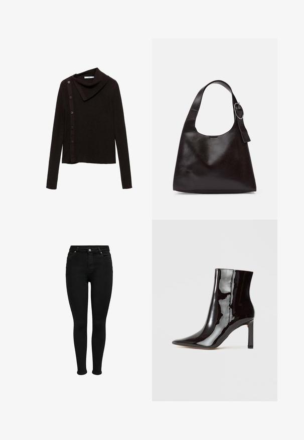 Ruskea neulottu villapaita, jossa on kaulakuvio muotoilu, sivupainikekiinnitys ja pitkät hihat. Kankaan pinta vaikuttaa pehmeältä ja teksturoidulta.; Mustat korkea vyötäröiset skinny-farkut, joissa on etuvaihteet, vyölenkit ja viisi taskua, esitetty valkoista taustaa vasten.; Musta lakattu nahkasaapas nilkkapituisena, jossa on terävä nenä ja tyylikäs siluetti. Varustettu stiletto-korkolla ja sileällä pinnalla.; Ruskea nahkainen olkalaukku, jossa on sileä rakenne, pyöreä muoto, leveä hihna ja pyöreä metallikoriste kahvassa.