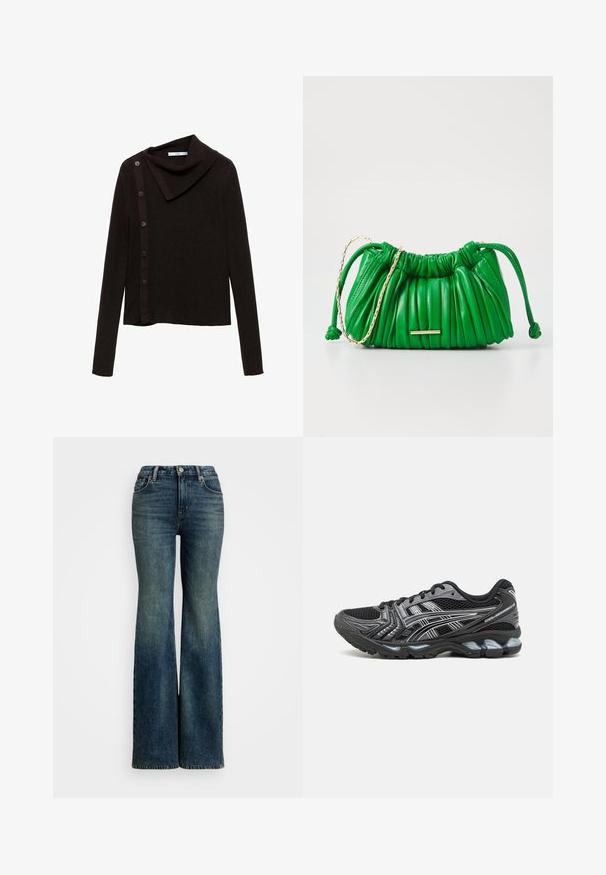 Hnědý pletený svetr s designem s rolákem, představující boční zapínání na knoflíky a dlouhé rukávy. Látka vypadá měkká a strukturální.; Modré džíny s rozšířenými nohavicemi a vysokým pasem, obsahující pět kapes a akcenty v podobě švů. Materiál má klasickou vybledlou texturu.; Černá sportovní bota s vrchní částí ze síťoviny, stříbrnými akcenty a polstrovanou podrážkou. Obsahuje šněrovací design a texturovaný vzor pro lepší přilnavost.; Zelená kožená kabelka s nařasenou texturou, zlatým řetízkovým detail, a stahovací šňůrkou. Obsahuje minimalistický zlatý kovový prvek.