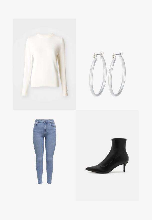 Pull en tricot blanc à manches longues avec un col rond, des poignets côtelés ornés de trois boutons dorés et une texture douce.; Jean skinny en denim bleu clair. Design taille haute avec cinq poches, une fermeture à bouton à l'avant et des détails de décoloration subtils.; Bottines noires en cuir lisse avec un bout pointu et un petit talon fin. Présente un design sans couture et des accents de couture subtils.; Boucles d'oreilles en argent avec une finition lisse et polie. Forme ronde et fermeture à clip sécurisée. Design léger adapté pour un port quotidien.
