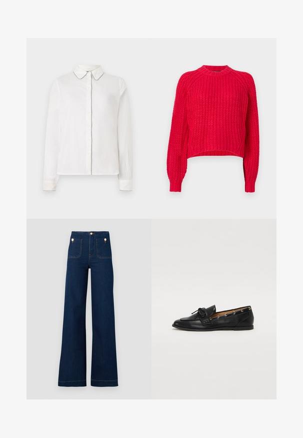 Red knitted sweater features a classic crew neckline, long raglan sleeves, ribbed cuffs, and a textured weave throughout.; White long-sleeve shirt with a pointed collar and contrasting trim along the edges, buttoned down the front. Simple and elegant design.; Dark blue wide-leg jeans with high waist, gold button accents, two front and back pockets, and contrasting stitch details. Textured denim fabric.; Black leather loafers with a tied bow, featuring gold eyelet accents along the sides and a flat rubber sole. Smooth texture, classic design.