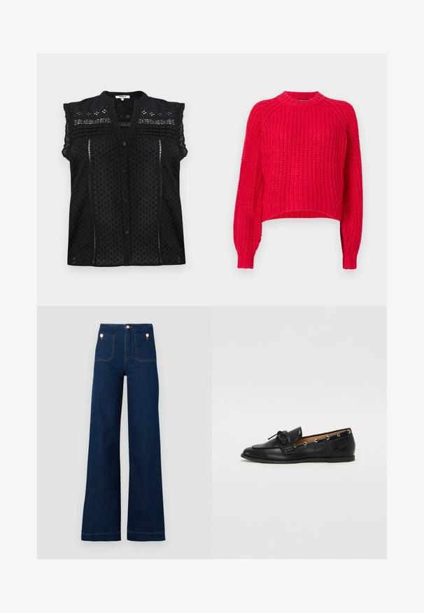 Red knitted sweater features a classic crew neckline, long raglan sleeves, ribbed cuffs, and a textured weave throughout.; Black short-sleeve blouse with a button closure, featuring textured polka dots, delicate lace accents, and a layered ruffle detail on shoulders.; Dark blue wide-leg jeans with high waist, gold button accents, two front and back pockets, and contrasting stitch details. Textured denim fabric.; Black leather loafers with a tied bow, featuring gold eyelet accents along the sides and a flat rubber sole. Smooth texture, classic design.