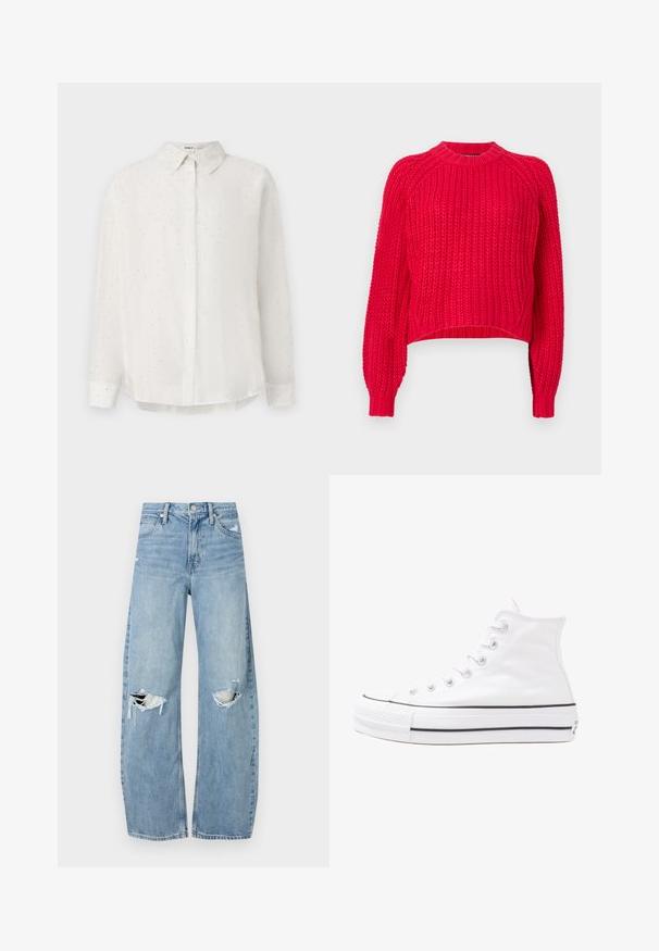 Rdeča pletena svetilka se ponaša z klasičnim okroglim izrezom, dolgimi raglan rokavi, rebrastimi manšeti in teksturirano tkano strukturo.; Bela srajca s kragicami iz gladkega blaga, ki ima subtilne pikaste vzorce. Dolgi rokavi z gumbnimi zapestji.; Svijetloplave traperice visoki struk. Imaju široke nogavice, dva poderana područja na koljenima i klasičan petotoksi stil.; Beli visoki platneni športni čevelj z črnim gumijastim podplatom, sprednjim gumijastim zaščitnikom za prste in šestimi luknjicami za vezalke, ki se ponaša s preprostim, minimalističnim dizajnom.