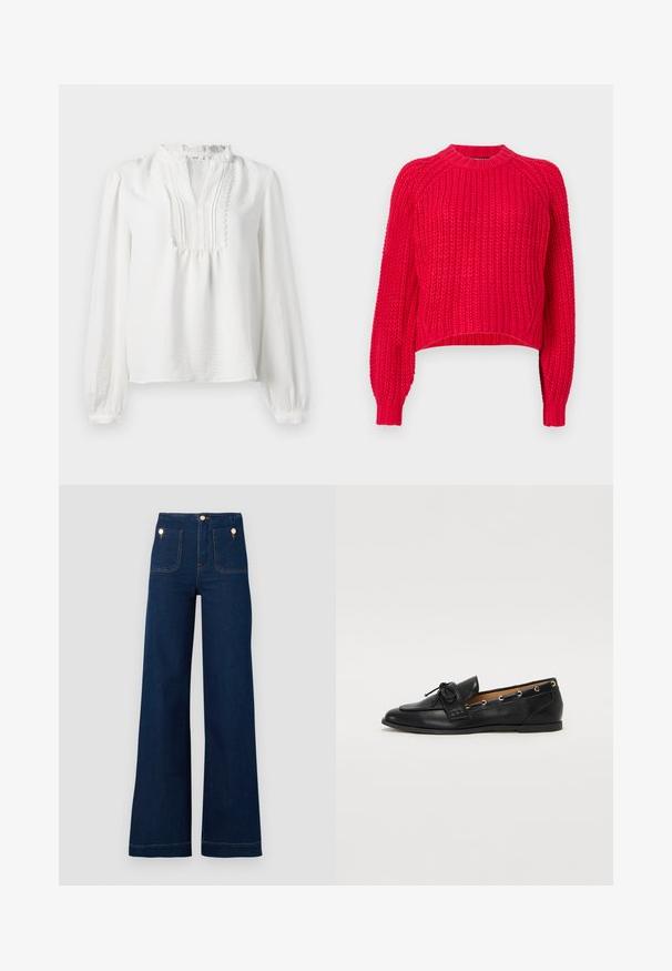 Raudonas megztinis su klasikiniais apvaliais iškirpimu, ilgomis raglaninėmis rankovėmis, tvirtomis rankogaliais ir tekstūruotu audiniu visame megztinyje.; Balta ilga rankovė bluzelė su raukšlėtu dekoltė, klostuotais priekio elementais ir elastingais rankogaliais. Minkšta medžiaga su šiek tiek tekstūriniu finišu.; Tamsiai mėlyni plačios kojų džinsai su aukštu liemeniu, auksinėmis mygtukų detalėmis, dviem priekinių ir užpakalinių kišenėmis bei kontrastingų siūlių akcentais. Tekstūruota džinsinio audinio medžiaga.; Juodi odiniai loafai su surišta mazgeliu, su auksinėmis akytėmis šoninėse dalyse ir plokščiu guminiu padu. Lygus paviršius, klasikinis dizainas.