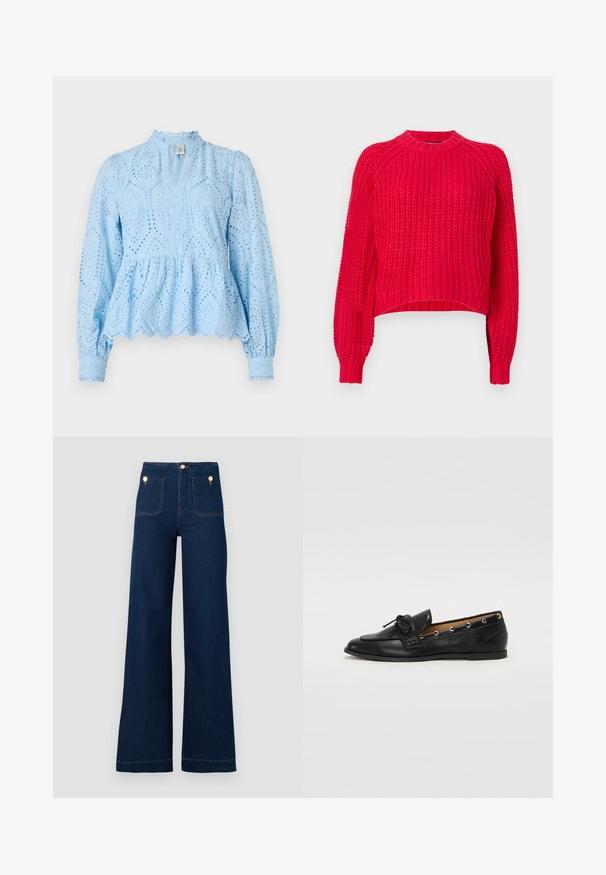 Raudonas megztinis su klasikiniais apvaliais iškirpimu, ilgomis raglaninėmis rankovėmis, tvirtomis rankogaliais ir tekstūruotu audiniu visame megztinyje.; Šviesiai mėlyna peplum stiliaus bluzonė su sudėtingais akis primenančiais raštais, aukštu iškirpimu ir ilgomis pūstomis rankovėmis, pabrėžiančiomis bangelėmis ir tekstūruotu audiniu.; Tamsiai mėlyni plačios kojų džinsai su aukštu liemeniu, auksinėmis mygtukų detalėmis, dviem priekinių ir užpakalinių kišenėmis bei kontrastingų siūlių akcentais. Tekstūruota džinsinio audinio medžiaga.; Juodi odiniai loafai su surišta mazgeliu, su auksinėmis akytėmis šoninėse dalyse ir plokščiu guminiu padu. Lygus paviršius, klasikinis dizainas.