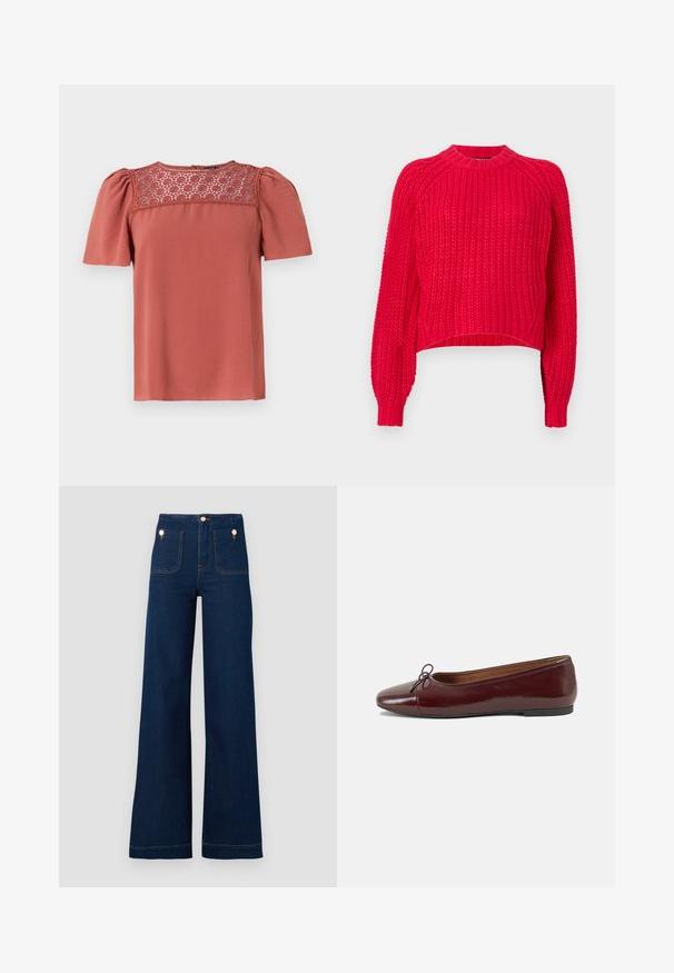 Röd stickad tröja med en klassisk rund halsringning, långa raglanärmar, ribbade manschetter och en strukturerad väv genom hela plagget.; Rostfärgad blus med korta puffärmar och ett spetsinslag vid halsringningen. Slät tygkvalitet med avslappnad passform och rak fåll.; Mörkblå vida jeans med hög midja, guldknappdetaljer, två fram- och bakfickor samt kontrasterande sömdetaljer. Texturerat denimtyg.; Burgunderfärgad lackläderballettskor med rund tå, liten rosettdekoration fram och en låg, svart gummisula. Slät textur.