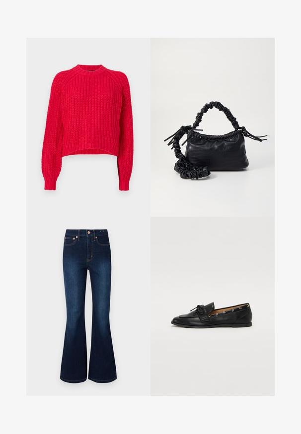 Red knitted sweater features a classic crew neckline, long raglan sleeves, ribbed cuffs, and a textured weave throughout.; Flared dark blue jeans with a high waist, made of denim. Features copper-colored hardware and classic five-pocket design. Smooth texture.; Black leather loafers with a tied bow, featuring gold eyelet accents along the sides and a flat rubber sole. Smooth texture, classic design.; Black faux leather handbag with a crocodile texture, cinched top, and a scrunched strap. Appears soft and compact in design.