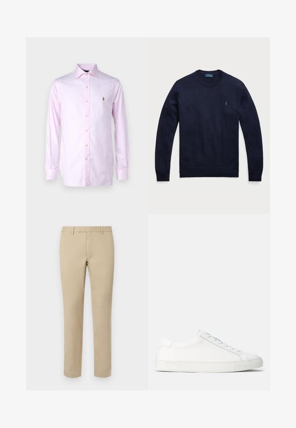 Mørkeblå genser med rund hals laget av strikket stoff, med ribbestrikkede mansjetter og nederkant, samt en liten brodert logo på venstre bryst.; Polo Ralph Lauren Finskjorte - pink/white; Beige bomullsbukser med rett snitt, med beltehemper, flat front og skreddersydde nederkanter. Jevn tekstur og minimal detaljering.; Hvite lær sneakers med en jevn tekstur, rund form, flat gummisåle og hvite snører. Har et minimalistisk design og subtil merking.