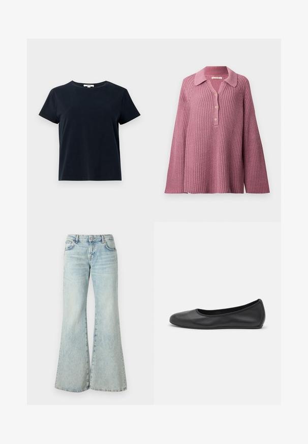 Pletený svetr v jemně růžové barvě, s límcem, zapínáním na knoflíky a širokými rukávy s texturovaným vzorem.; Tmavě námořnická modrá triko s krátkým rukávem, vyrobené z měkké bavlny, s kulatým výstřihem a volným střihem. Bez viditelných vzorů nebo akcentů.; Světle modré zvonové džíny vyrobené z denimu, s vysokým pasem, kapsami a roztrhanými lemy. Tkanina má vybledlý omak a jemnou strukturu.; Černé kožené baletní byty s kulatou špičkou, hladkou texturou, minimálními švy a flexibilním designem podrážky.