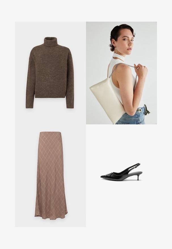 Pulover cu guler înalt de culoare maro, realizat dintr-un material tricotat texturat. Prezintă o croială lejeră și margini ribbrate la tiv și la manșete. Design simplu, fără modele sau detalii ornamentale.; Fustă lungă, evazată, cu un model geometric maro, având o textură netedă și o talie elastică pentru confort.; Cizme slingback din piele neagră, cu vârf ascuțit, toc mic de tip kitten heel și un detaliu decorativ sub formă de nod în față. Textură netedă pe întreaga suprafață.; Geantă de clutch rectangulară albă, realizată dintr-un material lucios, având o curea de lanț argintie. Modelul pozează, evidențiind geanta pe un fundal simplu.