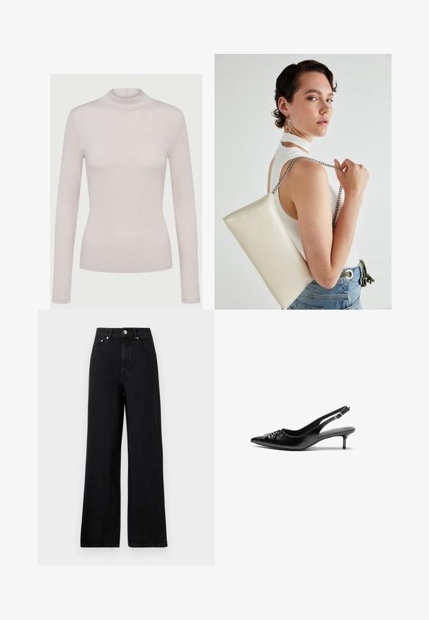Pulover cu guler înalt de culoare maro, realizat dintr-un material tricotat texturat. Prezintă o croială lejeră și margini ribbrate la tiv și la manșete. Design simplu, fără modele sau detalii ornamentale.; Top bej deschis cu mânecă lungă și guler înalt, realizat dintr-un material moale și elastic. Design ajustat cu o textură dantelată și manșete standard.; Jeans negre din denim cu talie înaltă, cu un design cu picioare largi, având cinci buzunare și accente din metal argintiu. Textură netedă în general.; Cizme slingback din piele neagră, cu vârf ascuțit, toc mic de tip kitten heel și un detaliu decorativ sub formă de nod în față. Textură netedă pe întreaga suprafață.; Geantă de clutch rectangulară albă, realizată dintr-un material lucios, având o curea de lanț argintie. Modelul pozează, evidențiind geanta pe un fundal simplu.