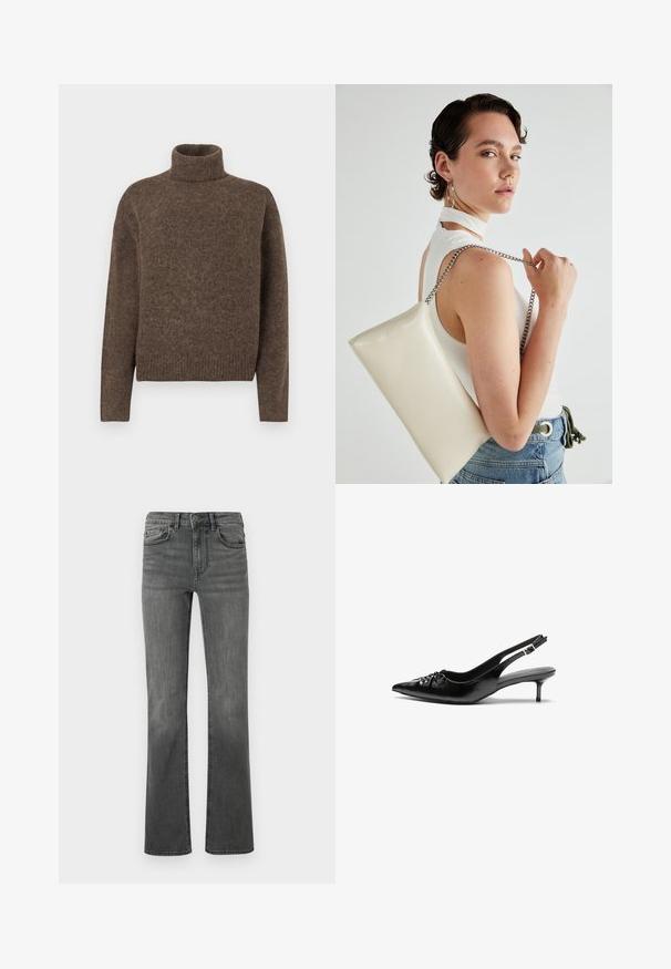 Rjav turtleneck pulover iz teksturirane pletene tkanine. Ima sproščen kroj in rebrast rob ter manšete. Preprost dizajn, brez vzorcev ali okraskov.; Pflare hlace v temno sivi denimu z visokim pasom, petimi žepi in enim gumbom za zapiranje. Gladka tekstura z rahlim zbledeljem.; Črne usnjene slingback pete z izostrenim nosom, majhno mačje peto in okrasno vozličasto podrobnostjo na sprednjem delu. Gladka tekstura po celotni površini.; Bela pravokotna torbica za ključe iz sijajnega materiala, opremljena s srebrno verižico. Model pozira in prikazuje torbico na enobarvni podlagi.