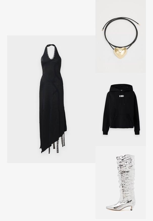 Fekete pulóver kapucnis felső, 100% pamutból készült, elülső zsebbel, állítható húzózsinórral és egy kis logóval a mellkasán.; Fekete nyakpántos ruha csipkés díszítéssel, aszimmetrikus aljjal és hasítékokkal, sima anyagból készült, karcsú sziluettel.; Ezüst színű, térd fölé érő csizma ráncos textúrával, hegyes orral és alacsony sarokkal. Csillogó anyagból készült, tükröződő felülettel.; Fekete fonott zsinór nyaklánc, polírozott arany szív medállal, sima vonalakkal és fényes felülettel.