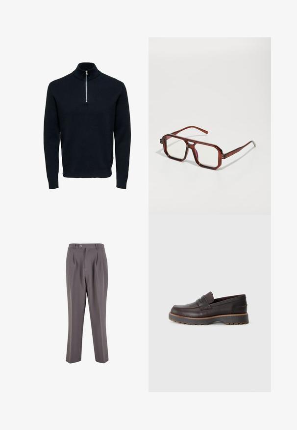 Granatowy sweter z dzianiny z wysokim kołnierzem i srebrnym zamkiem. Posiada fakturę prążkowaną i długie rękawy, oferując dopasowany, smukły kształt.; Dwa koszulki z krótkim rękawem, jedna czarna i jedna biała, wykonane z miękkiego materiału bawełnianego o prążkowanej fakturze. Klasyczny krój.; Szare plisowane spodnie wykonane z gładkiego materiału, o prostym kroju nogawki, z pojedynczym zapięciem na guzik oraz skośnymi kieszeniami po bokach.; Brązowe skórzane loafersy o niskim profilu, z przeszyciami, lekko podniesioną gumową podeszwą i gładkim wykończeniem.; Brązowe, przezroczyste, oversized okulary z prostokątnymi soczewkami i smukłymi ramionami. Kąty lekko zaokrąglone, z widocznymi akcentami w postaci elementów metalowych.; Czarna torba z materiału o fakturowanym, pikowanym wzorze. Owalny kształt, krótkie, grube rączki oraz miękka, elastyczna struktura.; Srebrny zegarek metalowy z satynową niebieską tarczą, białymi znacznikami godzin oraz wyświetlaczem daty. Posiada ogniwowy metalowy pasek i logo marki.