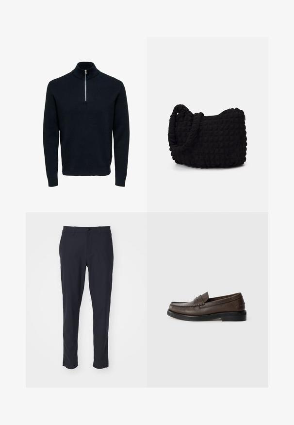 Tamsiai mėlynas megztinis su aukšta apykakle ir sidabro spalvos užtrauktuku. Turintis juostuotą tekstūrą ir ilgas rankoves, siūlo prigludusią, aerodinaminę formą.; Du prie trumpomis rankovėmis marškiniai, vieni juodi, kiti balti, pagaminti iš minkštos medvilnės medžiagos su raukšlėtu paviršiumi. Klasikinio kirpimo dizainas.; Tamsiai mėlyni pritaikyti kelnių modeliai, pagaminti iš lygios medžiagos; turi mygtuko uždarymą, diržo kilpas ir šonines kišenes; siauras siluetas.; Rudos odos loaferiai su siuvinėta detale ant pirštų, plokščiu padu ir žemu sluoksniuotu kulnu. Lygi tekstūra su minimalistiniais dizaino elementais.; Juodas audinio maišelis su tekstūruota, siuvinėta raštu. Apvalios formos, trumpi, stori rankenėlės ir minkšta, lanksti struktūra.; Sidabrinis metalinis laikrodis su šlifuotu mėlynu ciferblatu, baltais valandų žymekliais ir datos indikacija. Yra metalinė grandinė ir prekės ženklo logotipas.