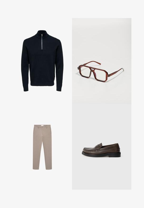 Námornícky pletený sveter s vysokým golierom a strieborným zipsom. Disponuje rebrovanou textúrou a dlhými rukávmi, čím ponúka priliehavý, štíhly strih.; Dve krátke rukávy tričká s okrúhlym výstrihom, jedno čierne a jedno biele, vyrobené z jemnej bavlny s rebrovanou textúrou. Klasický strih.; Bežové elegantné nohavice so slim fit strihom, s pánskym zipsom, prednými vreckami a jemným textúrovaným vzorom. Vyrobené z ľahkej tkaniny.; Hnedá kožená mokasína s prešitým detailom na špičke, plochou podrážkou a nízkym vrstveným podpätkom. Hladká textúra s minimalistickými dizajnovými prvkami.; Hnedé priesvitné nadmerné okuliare s obdĺžnikovými šošovkami a štíhlymi ramenami. Uhlové, mierne zaoblené rohy a viditeľné kovové akcenty.; Čierna látková taška s textúrovaným, prešívaným vzorom. Zaoblený tvar, krátke, hrubé rúčky a mäkká, flexibilná konštrukcia.; Strieborné kovové hodinky s brúseným modrým ciferníkom, bielymi indexmi a zobrazením dátumu. Majú prepojený kovový remienok a logo značky.