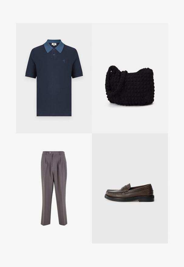 Marineblå strikkegenser med høy krage og sølvglidelås. Har ribbestruktur og lange ermer, og gir en skreddersydd, strømlinjeformet fasong.; Marineblå poloskjorte med en kontrasterende blå krage, korte ermer, teksturert stoff og et lite brodert hjerte på brystet.; Grå plisserte bukser laget av glatt stoff, med rett ben-design, enkelt knappelukking og skrå sidelommer.; Brune skinnloafers med rund tå, detaljert søm og flat svart såle. Har en liten dekorativ rem over vristen.; Svarte tekstilveske med en strukturert, quiltet mønster. Rund form, korte, tykke håndtak og en myk, fleksibel struktur.; Sølv metallklokke med en børstet blå urskive, hvite timemarkører og datovisning. Har en koblet metallarmbånd og merkevarelogo.