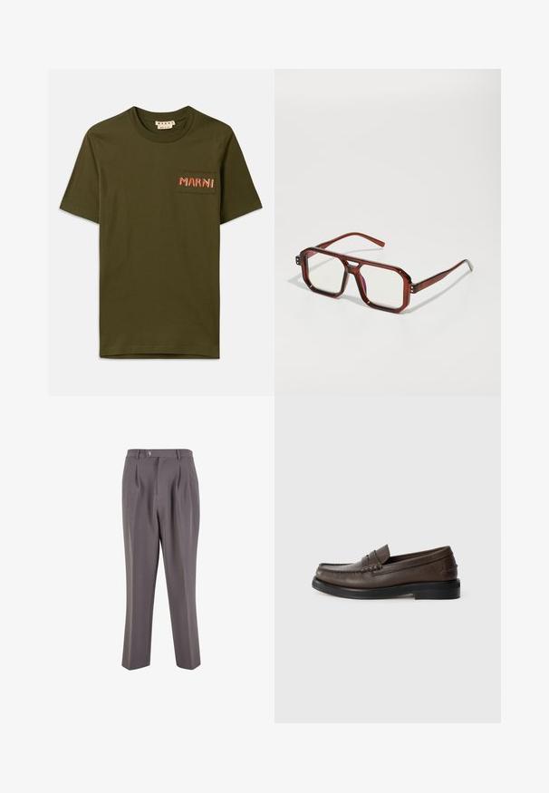 Marineblaue Strickjacke mit hohem Kragen und silbernem Reißverschluss. Sie verfügt über eine gerippte Textur und lange Ärmel und bietet eine taillierte, schlanke Form.; Olivgrünes Baumwoll-T-Shirt mit Rundhalsausschnitt, ausgestattet mit einer kleinen aufgenähten Tasche und dem eingestickten "MARNI" in roten Stichen.; Graue, plissierte Hose aus glattem Stoff mit geradem Bein, einem einzigen Knopfverschluss und schrägen Seitentaschen.; Braune Lederloafers mit runder Spitze, detaillierter Naht und flacher schwarzer Sohle. Verfügt über einen kleinen dekorativen Riemen über dem Spann.; Braune transparente übergroße Brillen mit rechteckigen Gläsern und schlanken Bügeln. Abgewinkelte, leicht abgerundete Ecken und sichtbare Hardware-Akzente.; Schwarze Stofftasche mit einer strukturierten, gesteppten Oberfläche. Abgerundete Form, kurze, dicke Griffe und eine weiche, flexible Struktur.