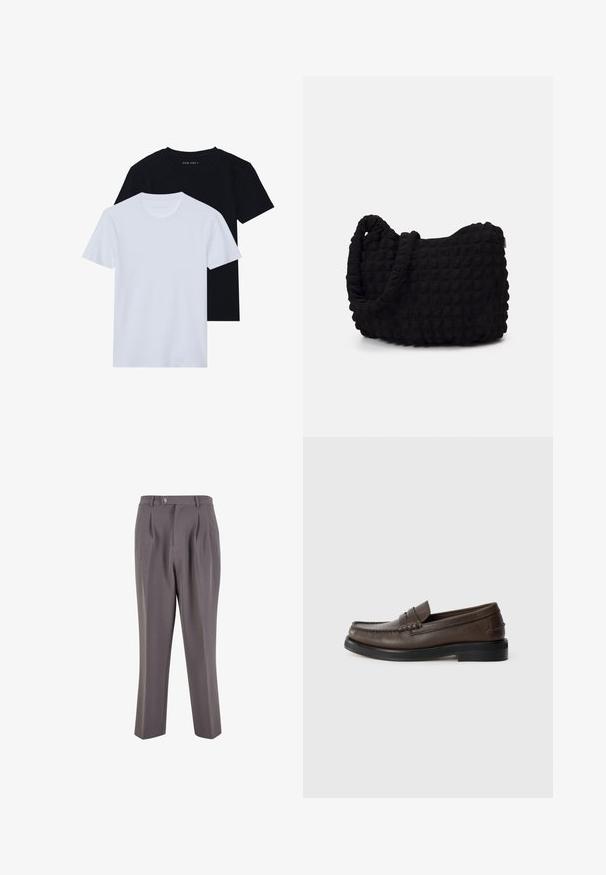 Marineblå striktrøje med høj krave og sølvlynlås. Har ribbet tekstur og lange ærmer, der giver en tætsiddende, strømlinet form.; To kortærmede t-shirts med rund hals, en sort og en hvid, lavet af blødt bomuldsstof med ribbet struktur. Klassisk pasform design.; Grå plisserede bukser lavet af glat stof, med lige ben-design, en enkelt knaplukning og skrå sidelommer.; Brun læderloafer med synlig syning på tåen, flad sål og lav stablet hæl. Glat tekstur med minimalistiske designelementer.; Sort stofpose med en struktureret, quilted mønster. Rund form, korte, tykke håndtag, og en blød, fleksibel struktur.; Sølvmetal ur med en børstet blå urskive, hvide timemarkører og en datovisning. Har et sammenkædet metalarmbånd og brandlogo.