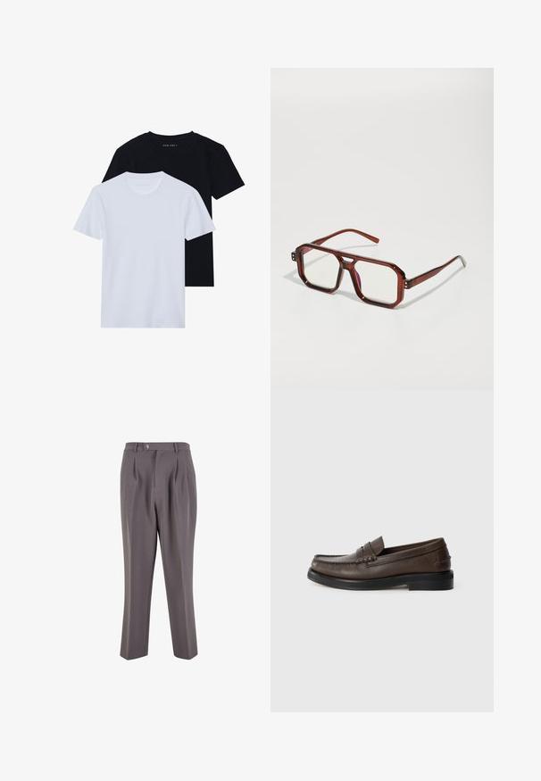 Laivastonsininen neulepaita, jossa on korkea kaulus ja hopeanvärinen vetoketju. Omaisee ribbitekstuurin ja pitkät hihat, tarjoten istuvan, virtaviivaisen muodon.; Kaksi lyhythihaista pyöreäkauluksista t-paitaa, yksi musta ja yksi valkoinen, valmistettu pehmeästä puuvillamateriaalista, jossa on röpelöinen pinta. Klassinen istuvuus.; Harmaat pleatatut housut, jotka on valmistettu sileästä kankaasta, jossa on suora lahkeiden muoto, yksi nappikiinnitys ja viistot sivutaskut.; Tummanruskeat nahkaloafersit, joissa on pyöreä kärki, yksityiskohtainen ompelu ja tasainen musta pohja. Ominaisuutena on pieni koristeellinen hihna jalkapöydän yli.; Ruskeista läpinäkyvistä ylisuurista laseista, joissa on suorakulmaiset linssit ja hoikat varsiosat. Kulmat ovat viistetyt ja hieman pyöristetyt, ja näkyviä varusteita on lisätty.; Musta kangaspussi, jossa on teksturoitu, tikkikuvio. Pyöreä muoto, lyhyet, paksut kahvat ja pehmeä, joustava rakenne.